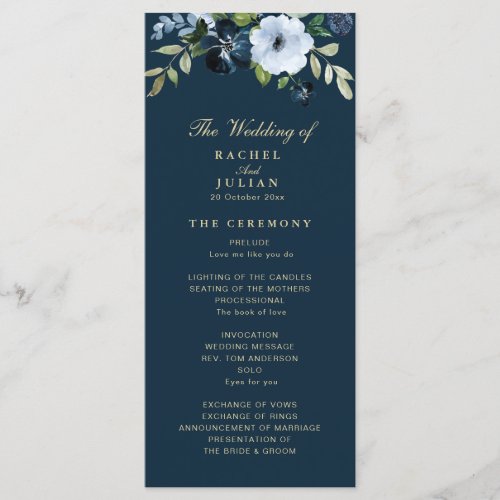 trendy navy blue and gold wedding program