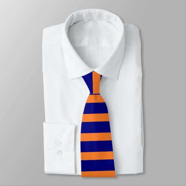 Trendy Navy Blue and Orange Horizontal Stripes Neck Tie (Tied)