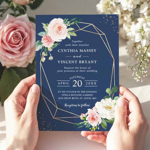 Trendy Navy Blue Blush Floral Geometric Wedding Invitation