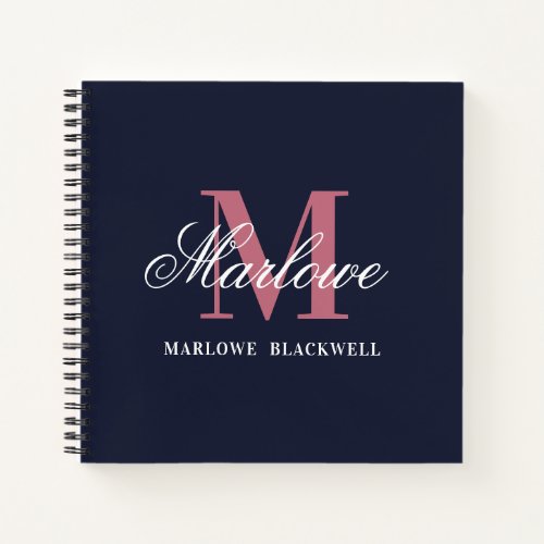 Trendy Navy Blue Blush Pink Monogram Calligraphy Notebook