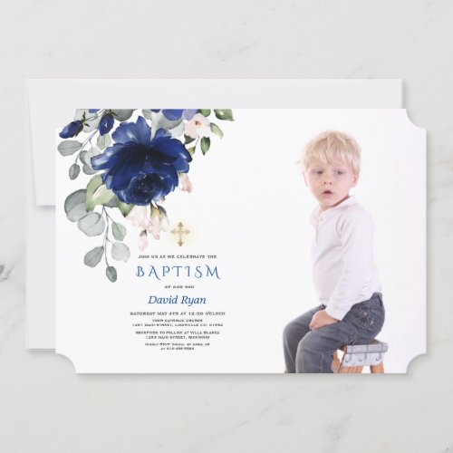 Trendy Navy Blue Floral Boy Photo Gold Baptism Invitation