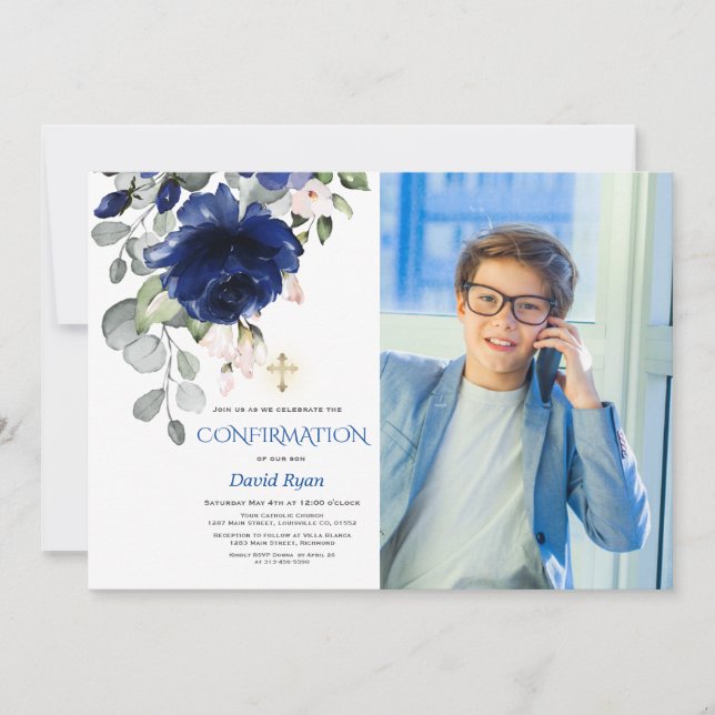 Trendy Navy Blue Floral Boy Photo Gold Confirmatio Invitation (Front)
