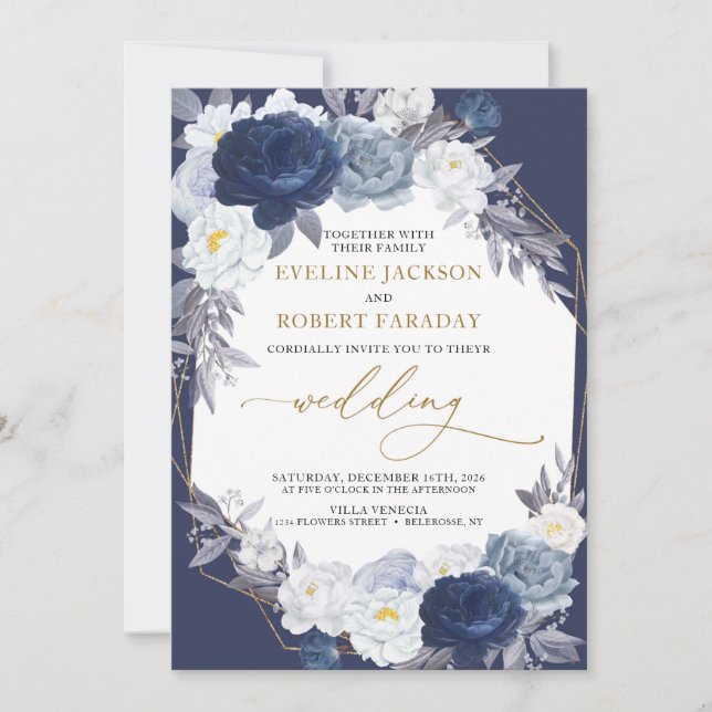 Trendy Navy Blue Floral Gold Geometric Wedding Invitation (Front)