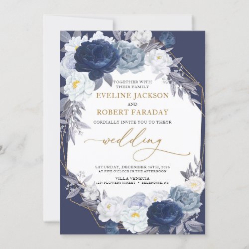 Trendy Navy Blue Floral Gold Geometric Wedding Invitation