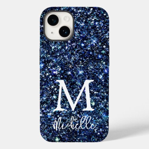 Trendy Navy Blue Glitter Monogram Initial Name  Case_Mate iPhone 14 Case