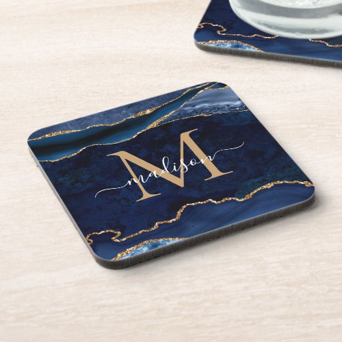 Trendy Navy Blue Gold Agate Geode Glitter Monogram Beverage Coaster