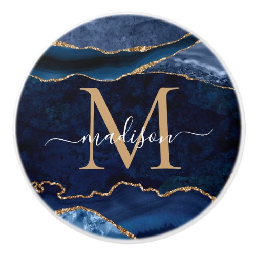 Trendy Navy Blue Gold Agate Geode Glitter Monogram Ceramic Knob