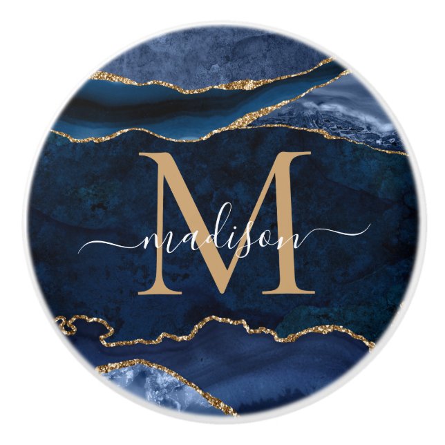 Trendy Navy Blue Gold Agate Geode Glitter Monogram Ceramic Knob (Front)