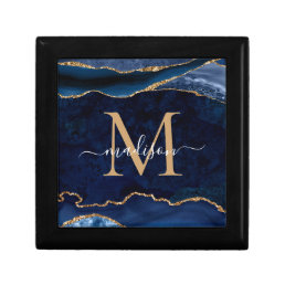 Trendy Navy Blue Gold Agate Geode Glitter Monogram Gift Box