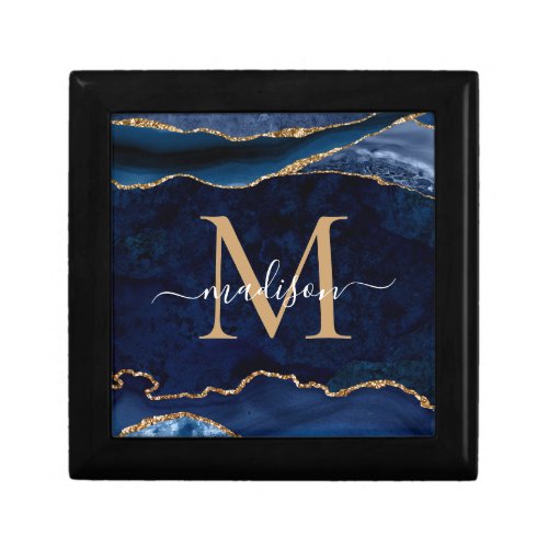 Trendy Navy Blue Gold Agate Geode Glitter Monogram Gift Box