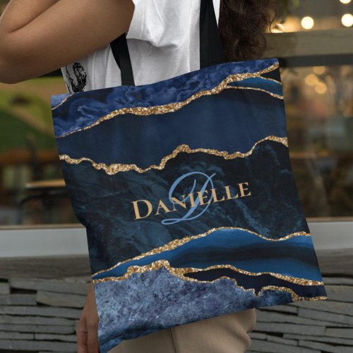 Trendy Navy Blue Gold Agate Geode Monogram  Tote Bag