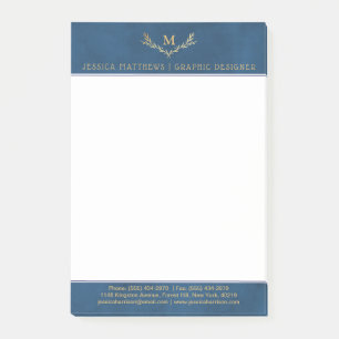 Trendy Navy Blue & Gold Foil Monogram Wreath Post-it Notes