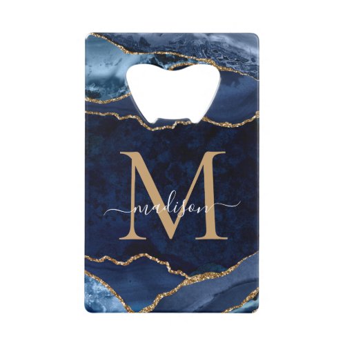 Trendy Navy Blue Gold Glitter Agate Geode Monogram Credit Card Bottle Opener