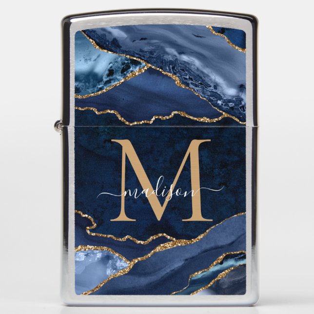 Trendy Navy Blue Gold Glitter Agate Geode Monogram Zippo Lighter (Front)