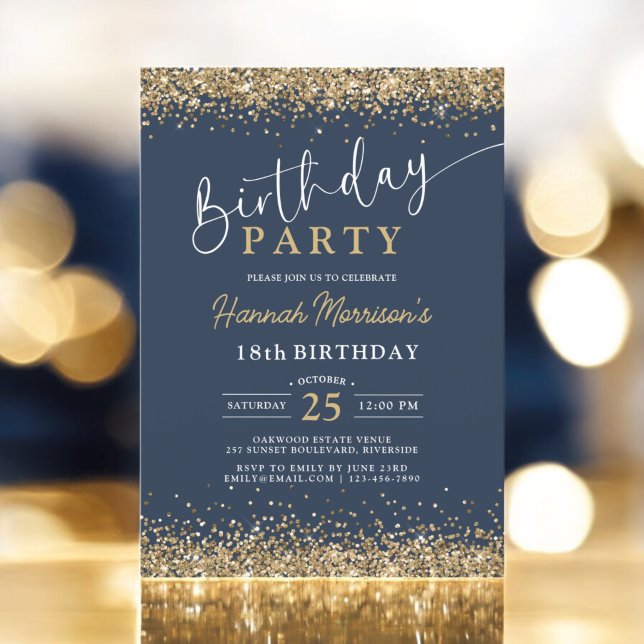 Trendy Navy Blue Gold Glitter Any Age Birthday  Invitation (Creator Uploaded)