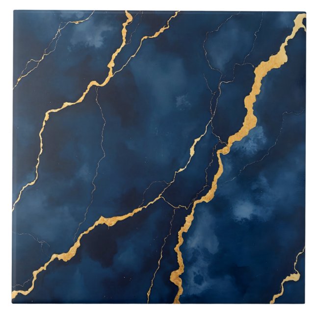Trendy Navy Blue Gold Marble Collection Ceramic Tile (Front)