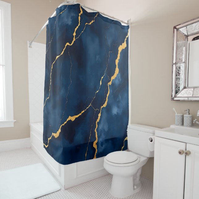 Trendy Navy Blue Gold Marble Collection Shower Curtain (In Situ)