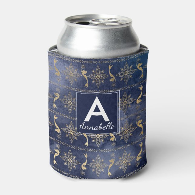 Trendy Navy Blue Gold Mermaid Bohemian Monogram Can Cooler (Can Front)