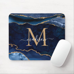 Trendy Navy Blue Gold Sparkle Agate Geode Monogram Mouse Pad