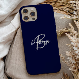 Trendy Navy Blue Gray White Script Monogram  iPhone 15 Case