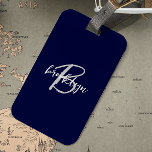Trendy Navy Blue Gray White Script Monogram  Luggage Tag<br><div class="desc">This elegant personalized luggage tag feature a monogram and first name in modern gray and white script on a navy blue background.</div>