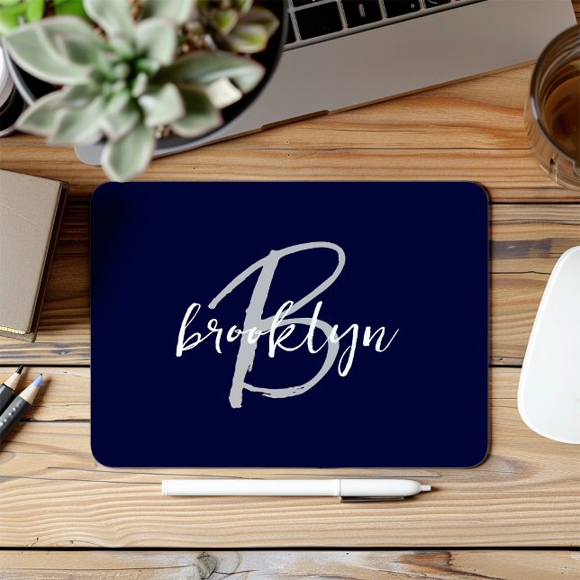 Trendy Navy Blue Gray White Script Monogram  Mouse Pad (Creator Uploaded)