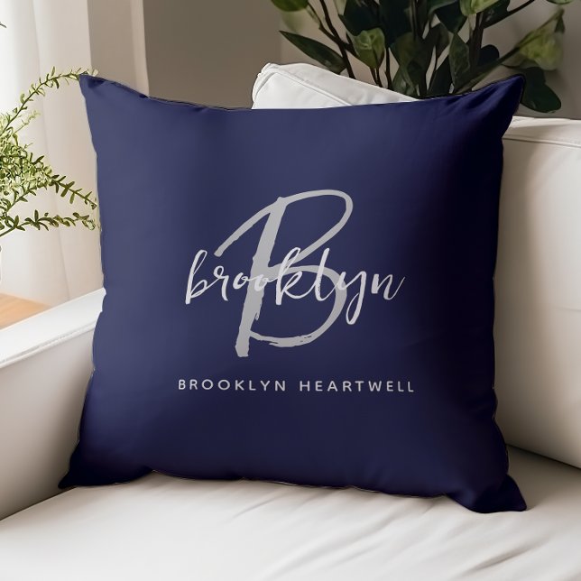 Trendy Navy Blue Gray White Script Monogram Name Throw Pillow (Creator Uploaded)