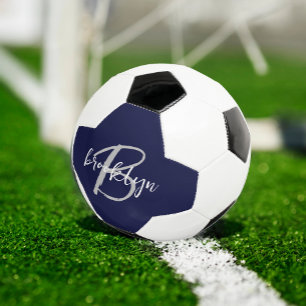 Trendy Navy Blue Gray White Script Monogram Soccer Ball