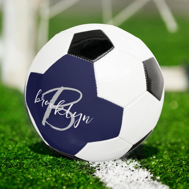 Trendy Navy Blue Gray White Script Monogram  Soccer Ball (Creator Uploaded)