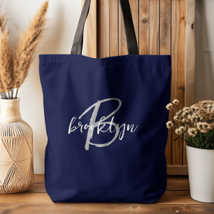 Trendy Navy Blue Gray White Script Monogram  Tote Bag