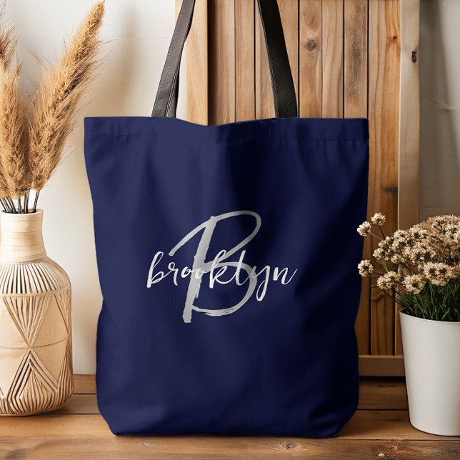 Trendy Navy Blue Gray White Script Monogram  Tote Bag (Creator Uploaded)