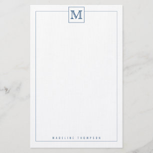 Trendy Navy Blue Initial Monogram Square border Stationery