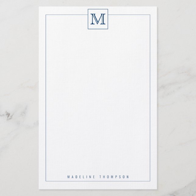 Trendy Navy Blue Initial Monogram Square border Stationery (Front)