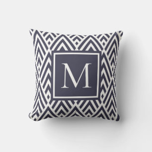 Trendy Navy Blue Monogram Arrow Diamond Pattern Throw Pillow