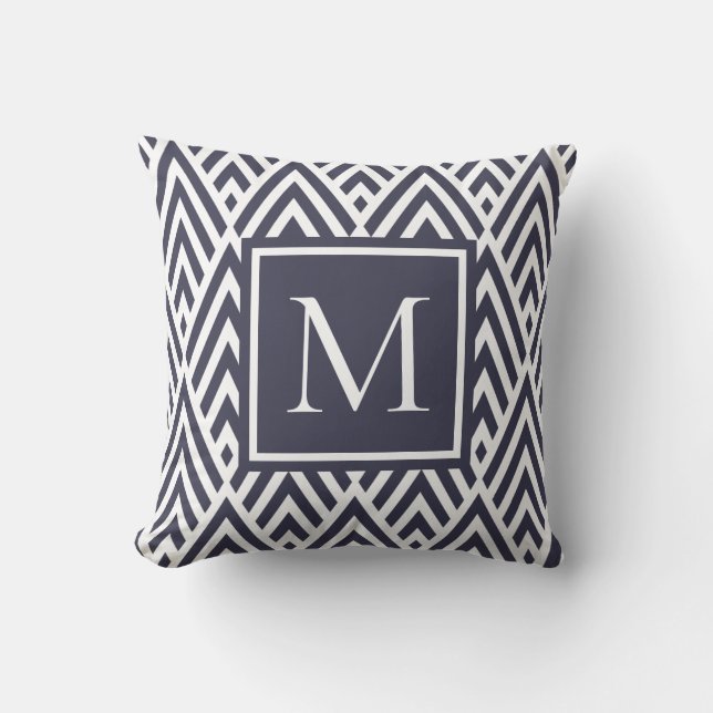 Trendy Navy Blue Monogram Arrow Diamond Pattern Throw Pillow (Front)