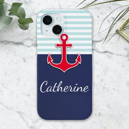 Trendy Navy Blue Nautical Red Anchor Design iPhone 15 Case
