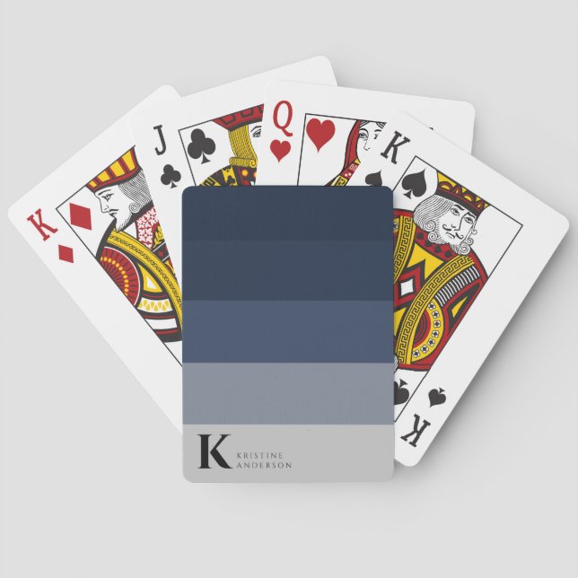 Trendy Navy Blue Ombre Gray Classic Monogram Poker Cards (Back)