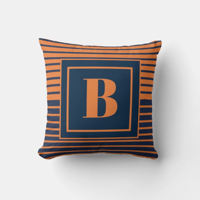 Trendy Navy Blue Orange Striped Large Monogram Throw Pillow (Front)
