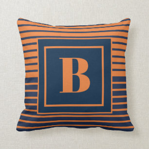 Trendy Navy Blue Orange Striped Large Monogram Throw Pillow