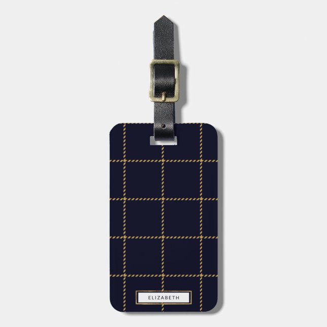 Trendy Navy Blue Plaid Tweed Luggage Tag (Front Vertical)