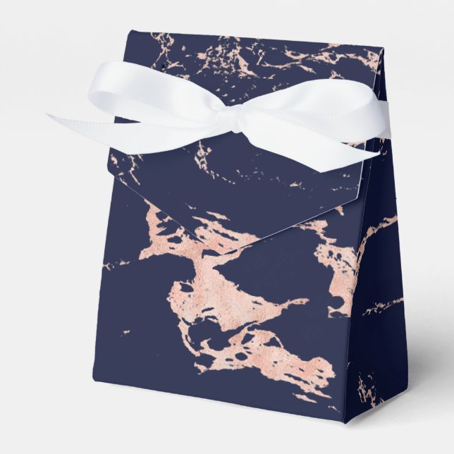 Trendy Navy Blue Rose Gold Foil Marble Favor Boxes (Front Side)