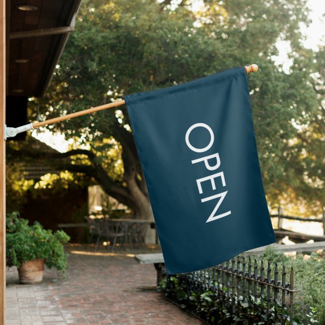 Trendy Navy Blue Small Business Open Sign Flag     (In SItu)