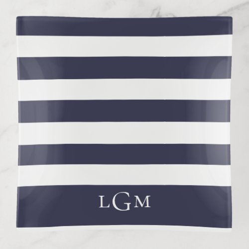 Trendy Navy Blue Stripe Pattern Monogram Trinket Tray