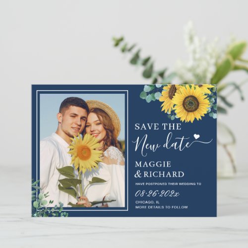 Trendy Navy Blue Sunflowers Save Our New Date Save The Date - Trendy Navy Blue Sunflowers Save Our New Date Card. 
(1) For further customization, please click the "customize further" link and use our design tool to modify this template. 
(2) If you prefer thicker papers / Matte Finish, you may consider to choose the Matte Paper Type.