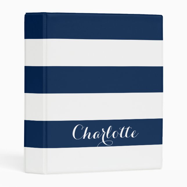 Trendy navy blue white stripes custom script name mini binder (Front/Spine)