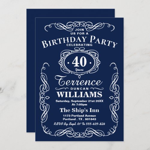 Trendy Navy Blue  White Typography Birthday Party Invitation