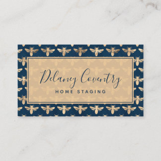 Trendy Navy & Gold Bees Professional Business Card