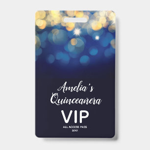 Trendy Navy Gold Bokeh Quinceañera Invite VIP Pass Badge