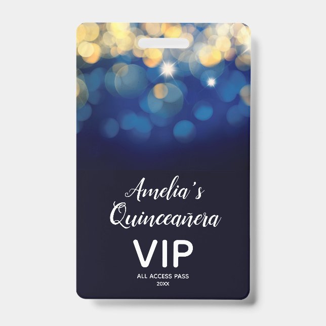 Trendy Navy Gold Bokeh Quinceañera Invite VIP Pass Badge (Front)