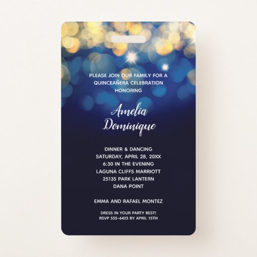 Trendy Navy Gold Bokeh Quinceaera Invite VIP Pass Badge